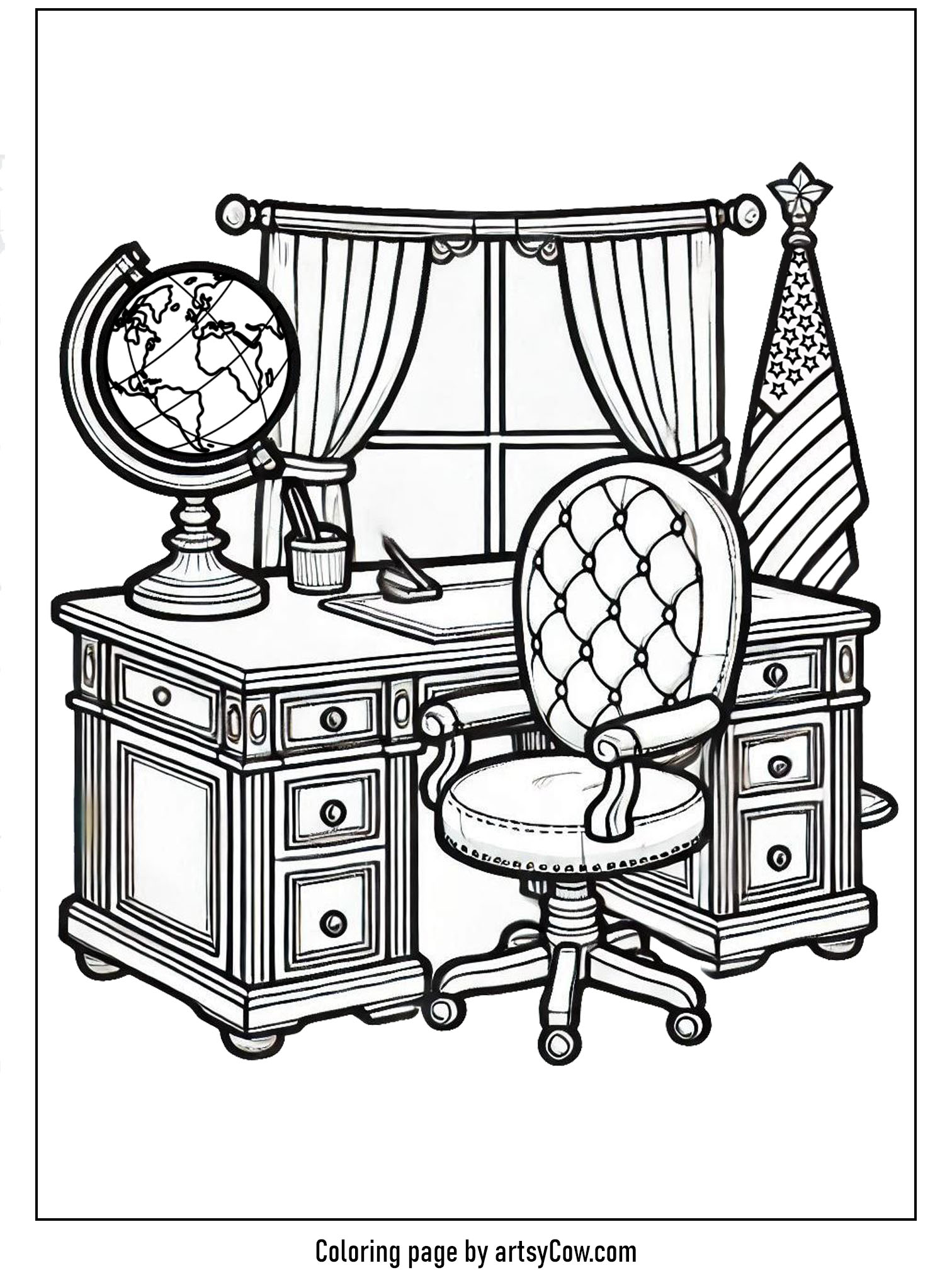 Presidents Day Coloring Pages showing a classic oval office desk with an elegant chair, globe, and flag.